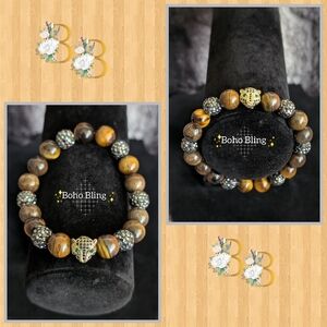 Boho Bling Tiger Eye Beaded Bracelet with Jaguar Rhinestone Head Charm